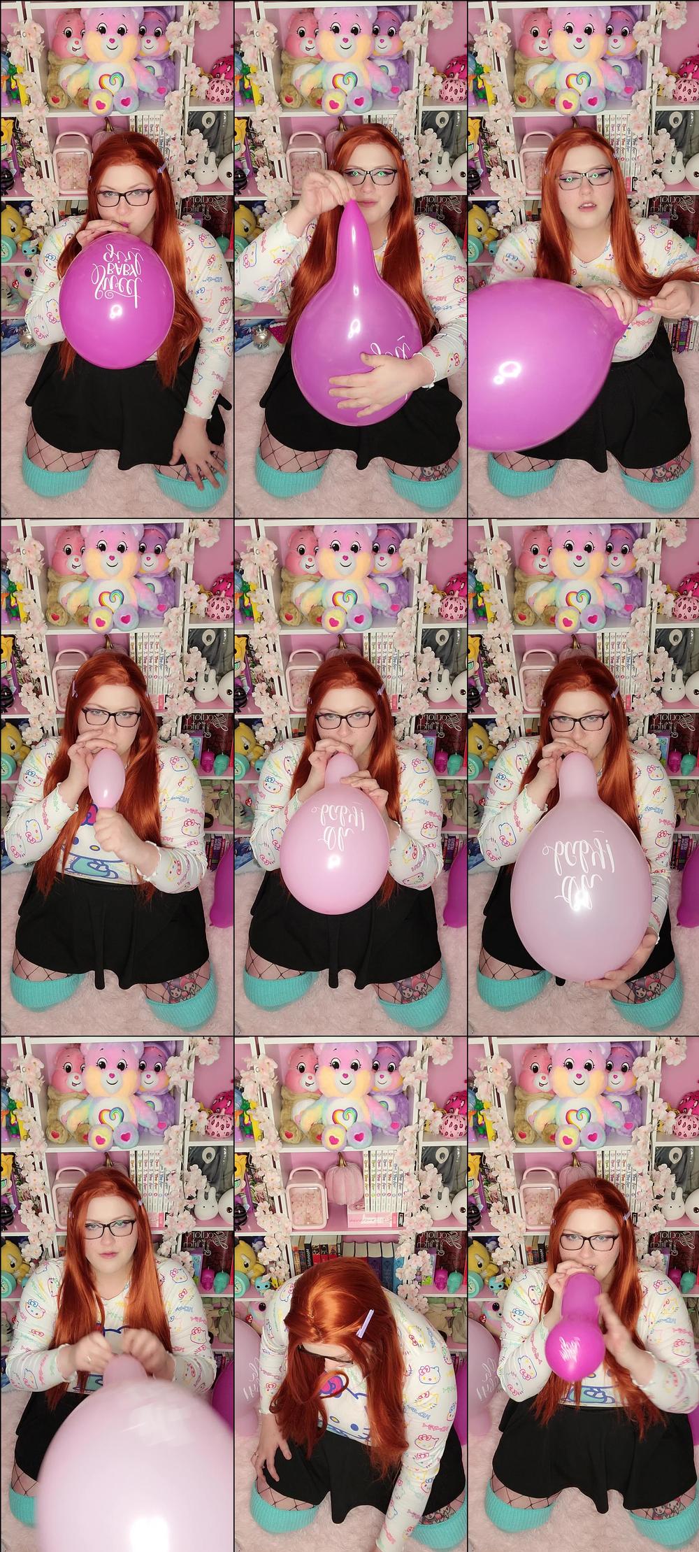 Nerdy Ginger blows pink balloons - March 16, 2022
