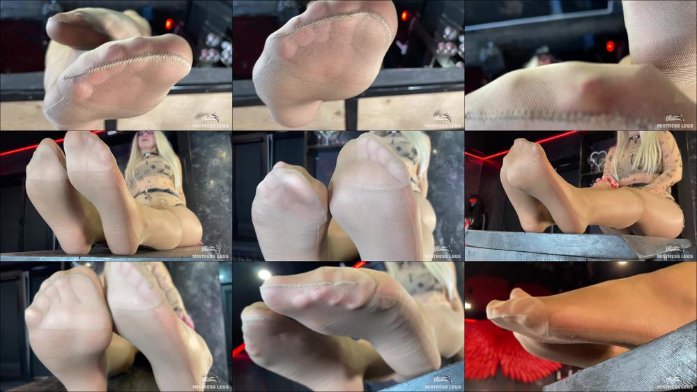 Mistress Legs - Beautiful Feet Of The Mistress In Flesh-Colored Tights Tease You On The Table Close-Up (Mp4 4K)