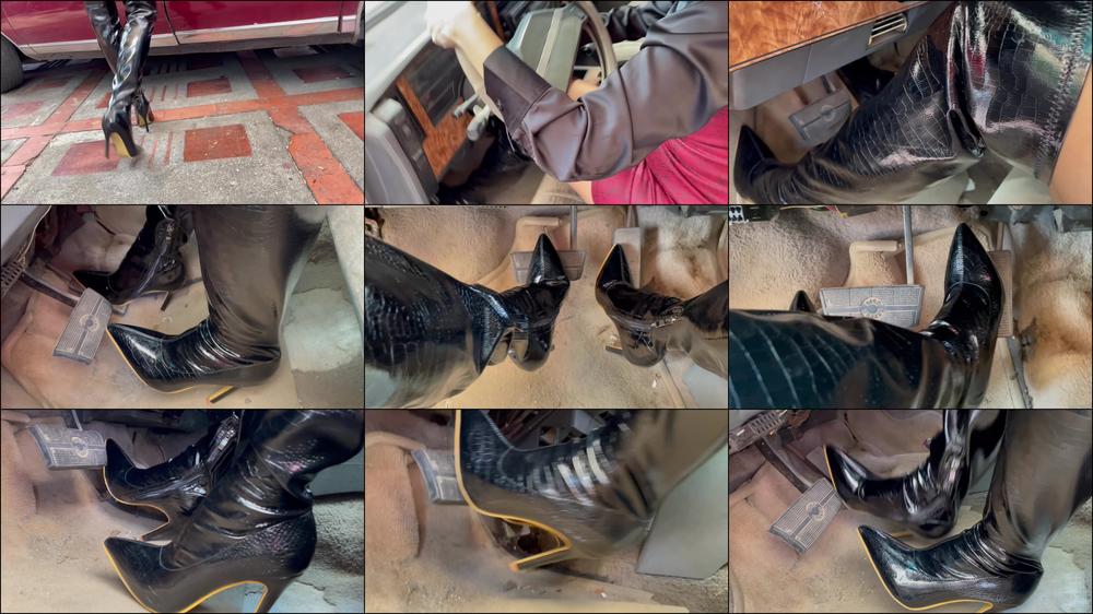 Foot Fetish Paradise - Katherine Failed Cranking Battle On Black Pvc Boots Vs The Chevy Celebrity
