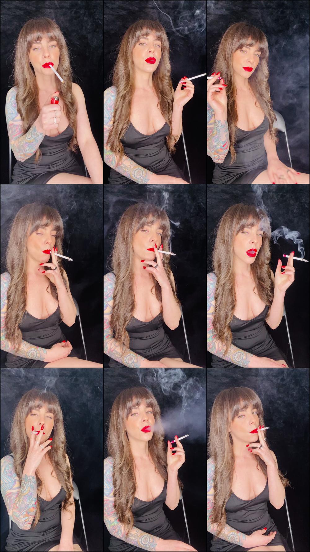Smoking in Little Black Slip Dress